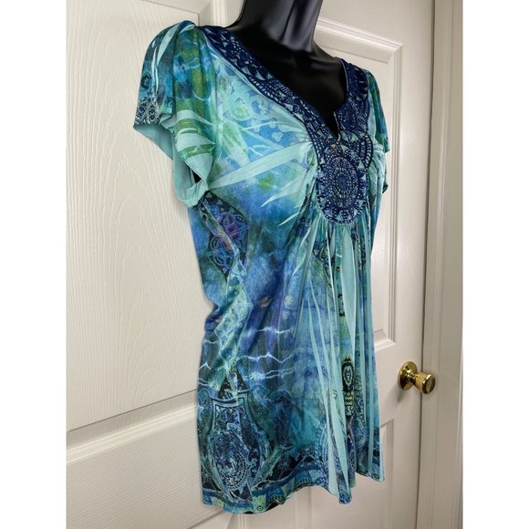 Apt 9 Blouse Women Blue Green Short Sleeve Stretch Smooth Knit Top Size Medium M - Picture 8 of 11